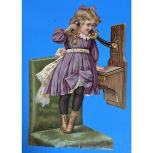 Victorian Die Cut Paper Scrap Trade Card Girl Talking On Telephone 14" X 9"